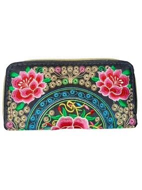 Embroidered Floral Zip Wallet - Black w Pink flowers, gold, colorful, from Asia